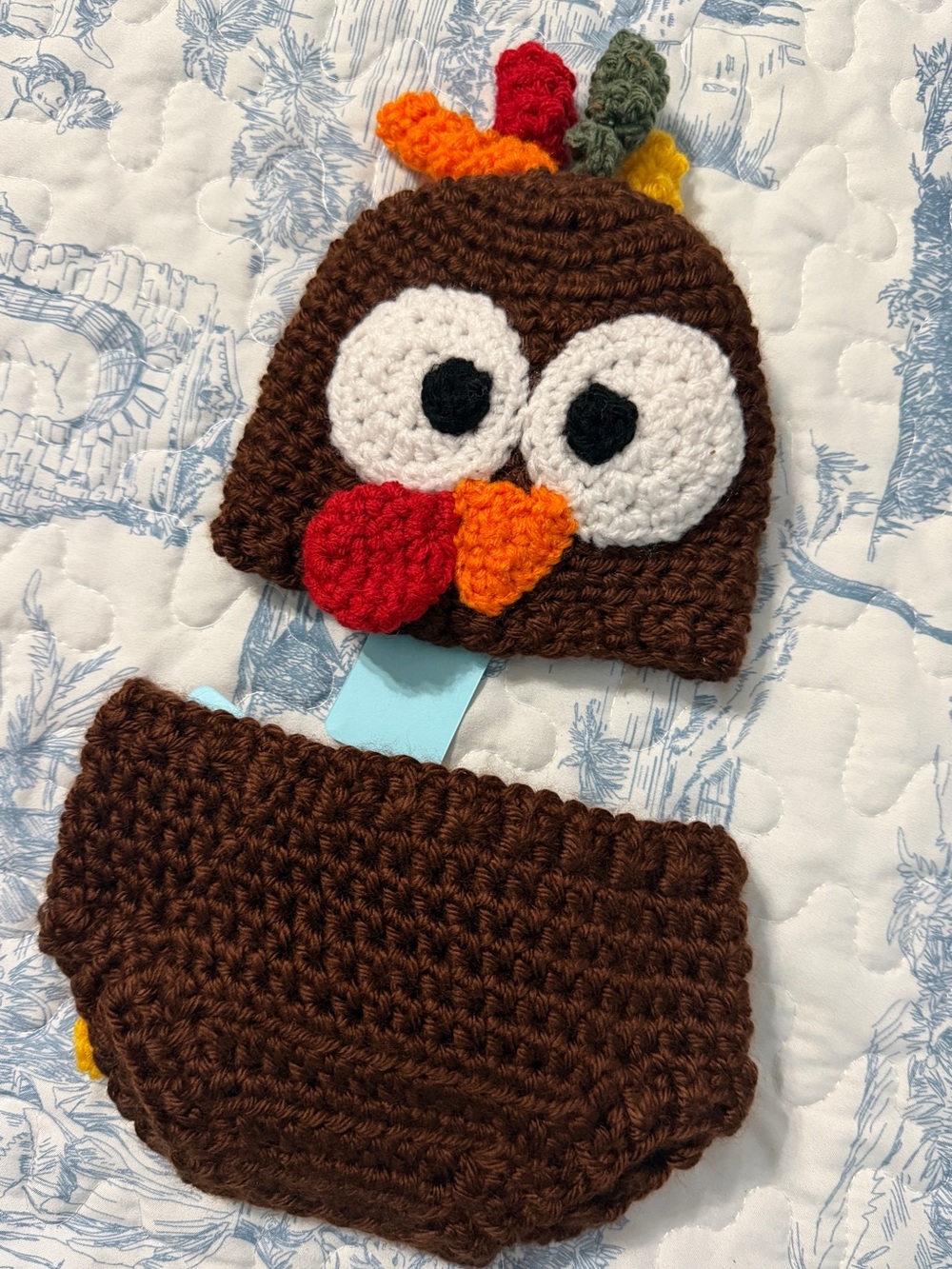 Kids Brown Crochet Turkey Beanie and Diaper Cover Set - Cute Fall Hat